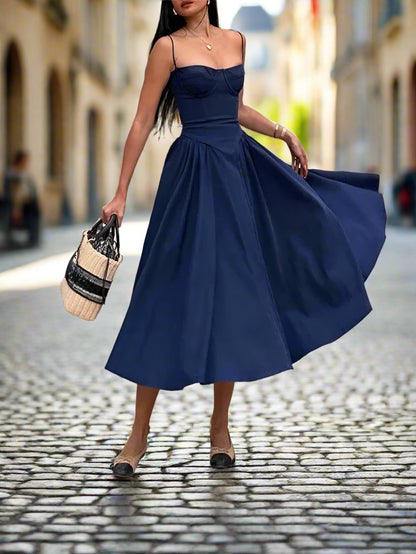 Elegant Spaghetti Strap Midi Dress Slim a Line Party Dresses Navy Blue Casual Birthday Holiday Dress Women'S Clothing