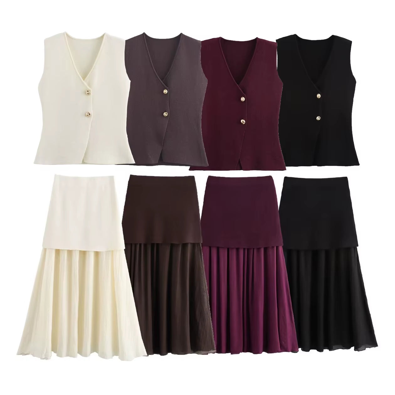 Ohsisa 2025 European and American Summer New Set V-Neck Solid Color Button Knitted Vest+Pleated Half Skirt Women'S Set