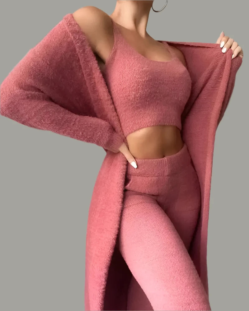 Fall Winter Fashion Women Sweater Pajamas Set Cozy Lounge Wear Fuzzy Fleece Sleepwear with Robe 3 Pieces Lounge Wear Sets