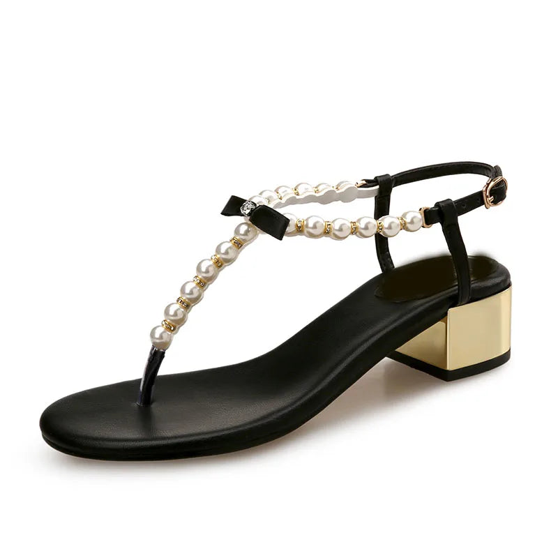 Sandals Women 2019 New Summer Toe Thick Heel Net Red Versatile Pinch Pearl Sandals Flip-Flop Sandals