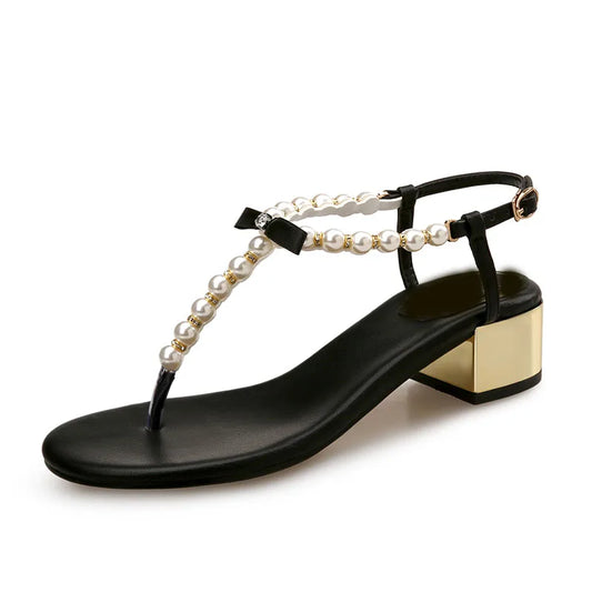 Sandals Women 2019 New Summer Toe Thick Heel Net Red Versatile Pinch Pearl Sandals Flip-Flop Sandals