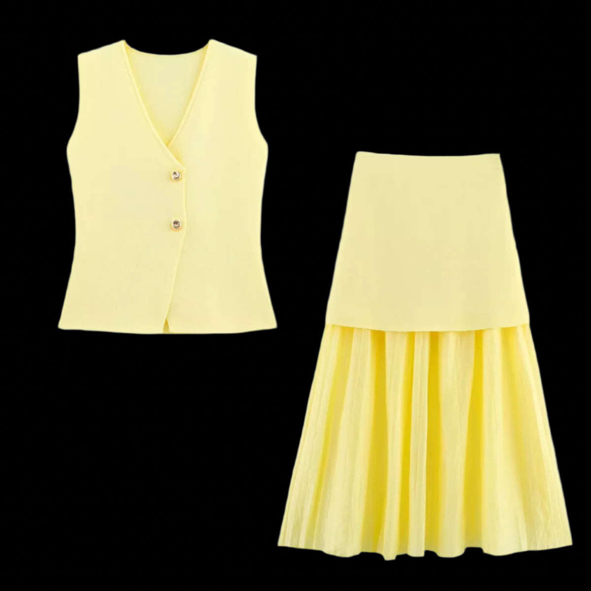 Ohsisa 2025 European and American Summer New Set V-Neck Solid Color Button Knitted Vest+Pleated Half Skirt Women'S Set